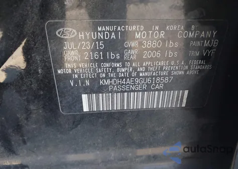 2016 Hyundai Elantra Se from USA, damaged, VIN KMHDH4AE9GU618587